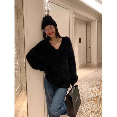 秋冬慵懶風黑色加厚V領套頭寬松外穿內搭仿貂絨毛毛衣針織衫女潮