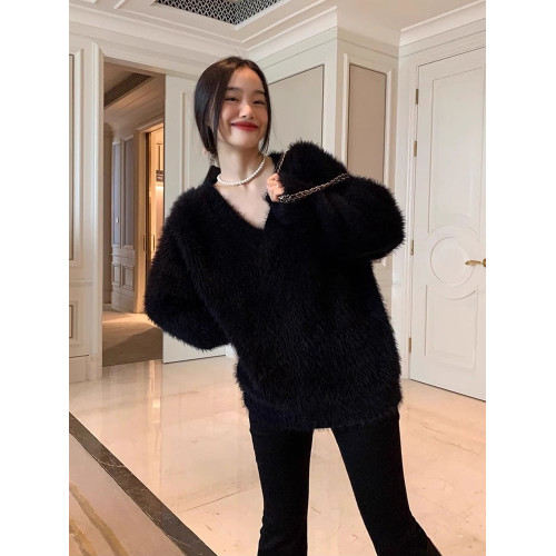 秋冬慵懶風黑色加厚V領套頭寬松外穿內搭仿貂絨毛毛衣針織衫女潮