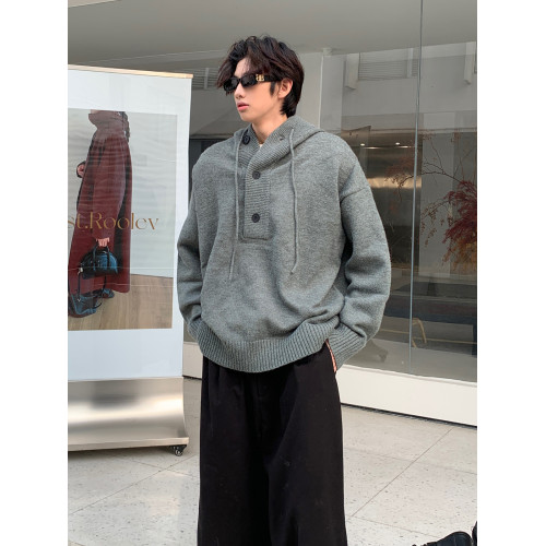 韓系慵懶氛圍感半開衫毛衣男秋冬cleanfit寬松休閒套頭針織衫上衣