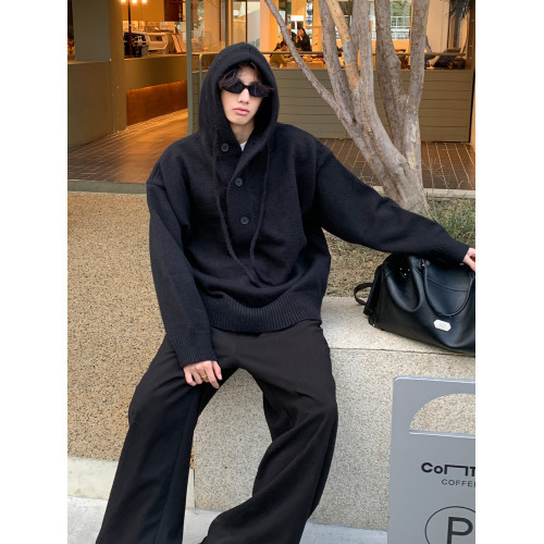 韓系慵懶氛圍感半開衫毛衣男秋冬cleanfit寬松休閒套頭針織衫上衣