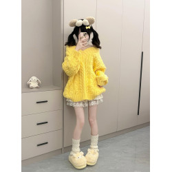 大碼胖MM黃色奶系V領麻花毛衣女加厚2025秋冬寬松中長款軟糯上衣