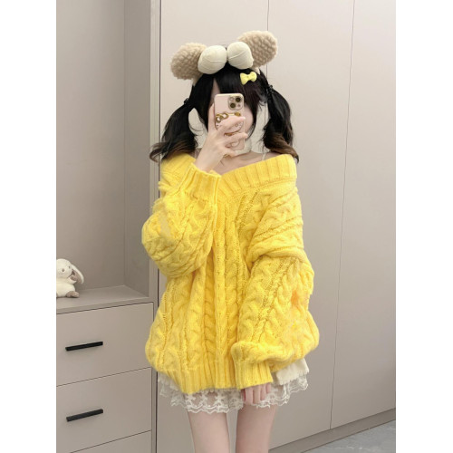 大碼胖MM黃色奶系V領麻花毛衣女加厚2025秋冬寬松中長款軟糯上衣