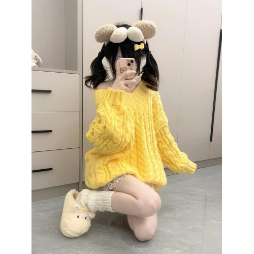 大碼胖MM黃色奶系V領麻花毛衣女加厚2025秋冬寬松中長款軟糯上衣