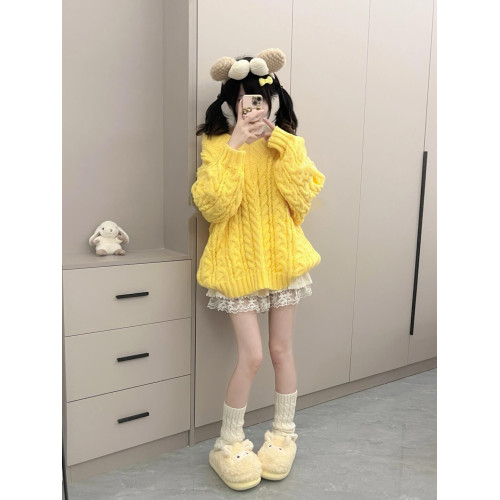 大碼胖MM黃色奶系V領麻花毛衣女加厚2025秋冬寬松中長款軟糯上衣