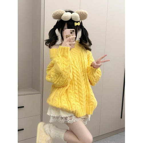 大碼胖MM黃色奶系V領麻花毛衣女加厚2025秋冬寬松中長款軟糯上衣