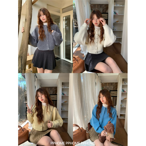 PPHOME自製~精緻調調 千金感蝙蝠袖軟糯針織開衫毛衣女秋冬短上衣