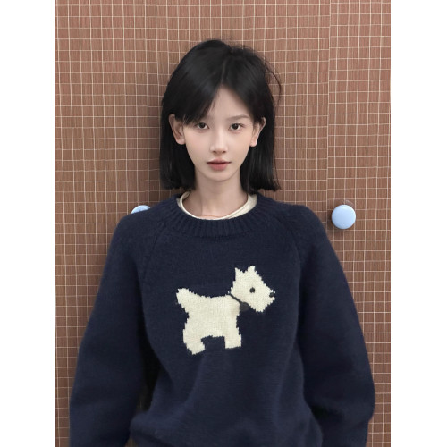 藏青色可愛卡通毛衣女春秋冬寬松慵懶風軟糯溫柔休閒百搭針織上衣