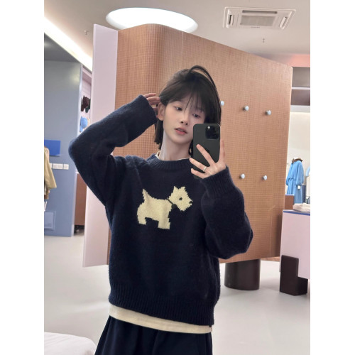 藏青色可愛卡通毛衣女春秋冬寬松慵懶風軟糯溫柔休閒百搭針織上衣