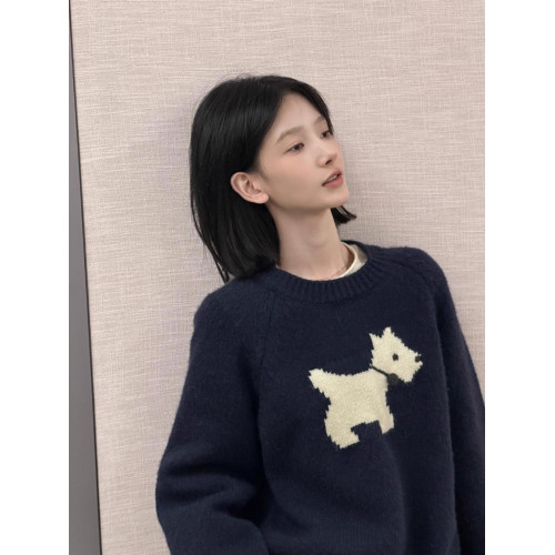 藏青色可愛卡通毛衣女春秋冬寬松慵懶風軟糯溫柔休閒百搭針織上衣