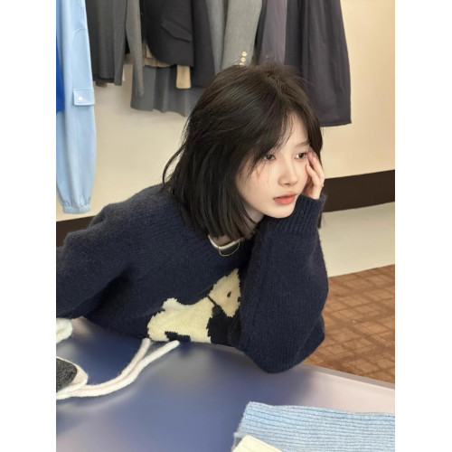 藏青色可愛卡通毛衣女春秋冬寬松慵懶風軟糯溫柔休閒百搭針織上衣