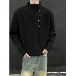 不規則紐釦設計感高領毛衣男韓系潮牌痞帥慵懶oversize針織衫上衣