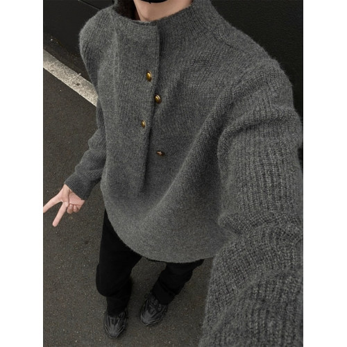 不規則紐釦設計感高領毛衣男韓系潮牌痞帥慵懶oversize針織衫上衣