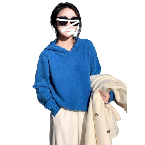 克萊因藍色連帽毛衣女深秋初冬季穿搭2025新款慵懶高級感針織上衣