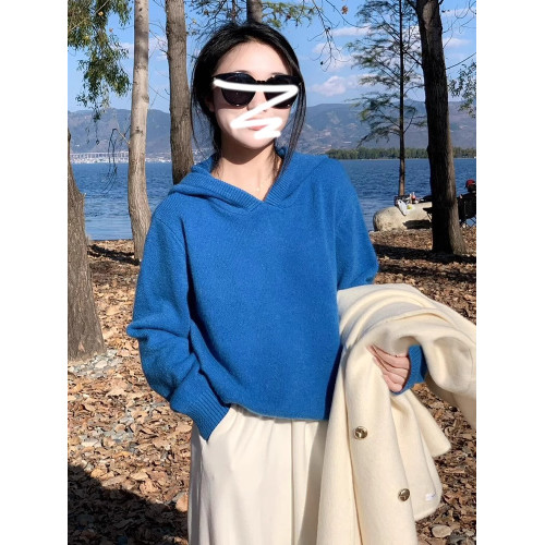 克萊因藍色連帽毛衣女深秋初冬季穿搭2025新款慵懶高級感針織上衣