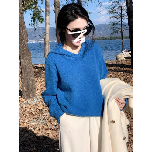 克萊因藍色連帽毛衣女深秋初冬季穿搭2025新款慵懶高級感針織上衣