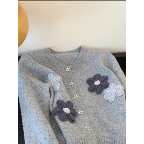高級感灰色花朵刺綉毛衣外套2024秋冬新款小個子寬松百搭針織開衫