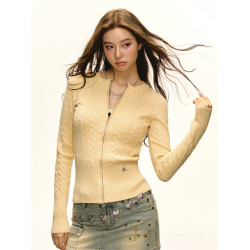 Ariseism 圓領絞花開衫毛衣外套女秋季新款修身顯瘦內搭打底上衣