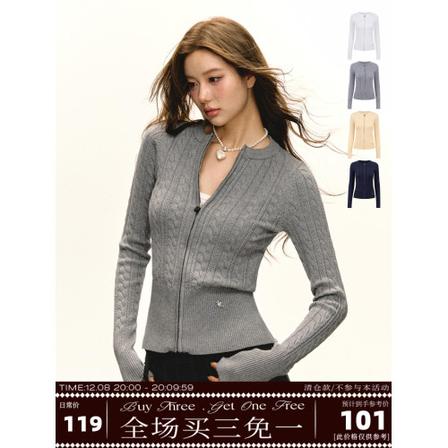 Ariseism 圓領絞花開衫毛衣外套女秋季新款修身顯瘦內搭打底上衣