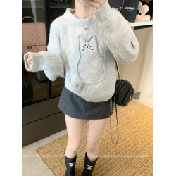 PPHOME秋冬韓版圓領立體刺綉寬松慵懶風貓貓風加厚毛衣