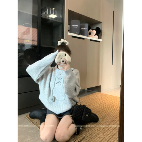 PPHOME秋冬韓版圓領立體刺綉寬松慵懶風貓貓風加厚毛衣