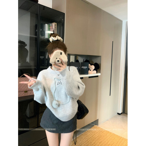 PPHOME秋冬韓版圓領立體刺綉寬松慵懶風貓貓風加厚毛衣