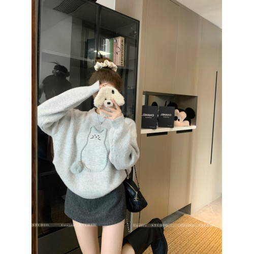 PPHOME秋冬韓版圓領立體刺綉寬松慵懶風貓貓風加厚毛衣