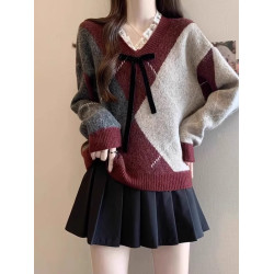 酒紅色菱格毛衣女2024冬新款大碼胖mm蕾絲V領針織衫聖誕復古上衣