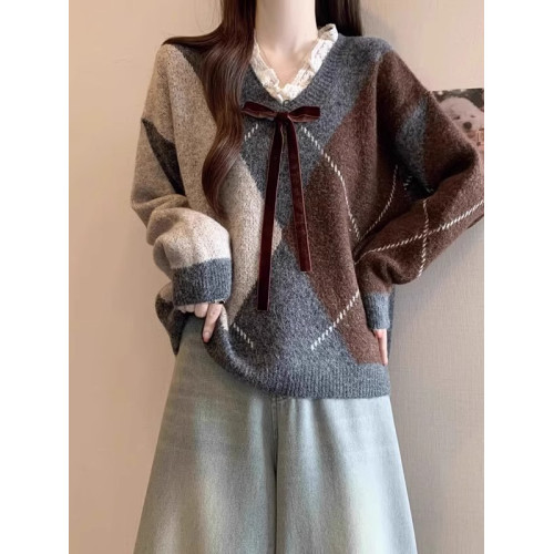 酒紅色菱格毛衣女2024冬新款大碼胖mm蕾絲V領針織衫聖誕復古上衣