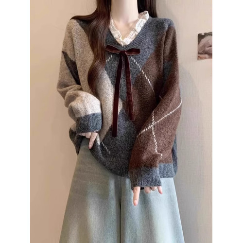 酒紅色菱格毛衣女2024冬新款大碼胖mm蕾絲V領針織衫聖誕復古上衣