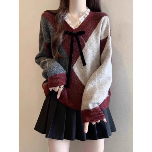 酒紅色菱格毛衣女2024冬新款大碼胖mm蕾絲V領針織衫聖誕復古上衣