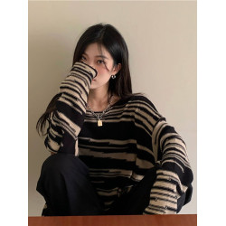 韓版寬松復古條紋針織毛衣女設計感小衆秋冬薄款慵懶風上衣打底衫