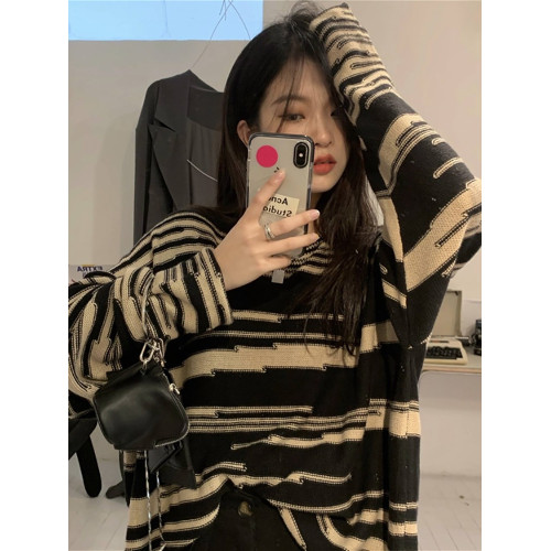 韓版寬松復古條紋針織毛衣女設計感小衆秋冬薄款慵懶風上衣打底衫