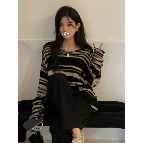 韓版寬松復古條紋針織毛衣女設計感小衆秋冬薄款慵懶風上衣打底衫