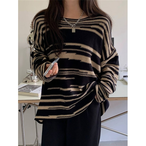 韓版寬松復古條紋針織毛衣女設計感小衆秋冬薄款慵懶風上衣打底衫