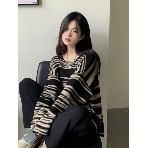 韓版寬松復古條紋針織毛衣女設計感小衆秋冬薄款慵懶風上衣打底衫