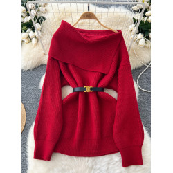 女神範高級感毛衣2024冬腰帶收腰百搭一字肩翻領顯瘦別致針織上衣