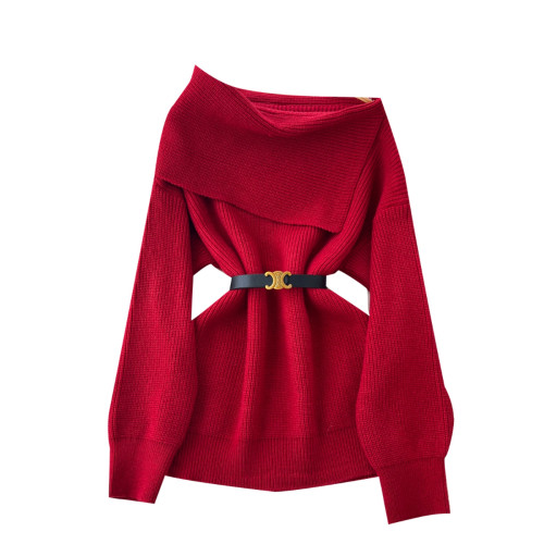 女神範高級感毛衣2024冬腰帶收腰百搭一字肩翻領顯瘦別致針織上衣