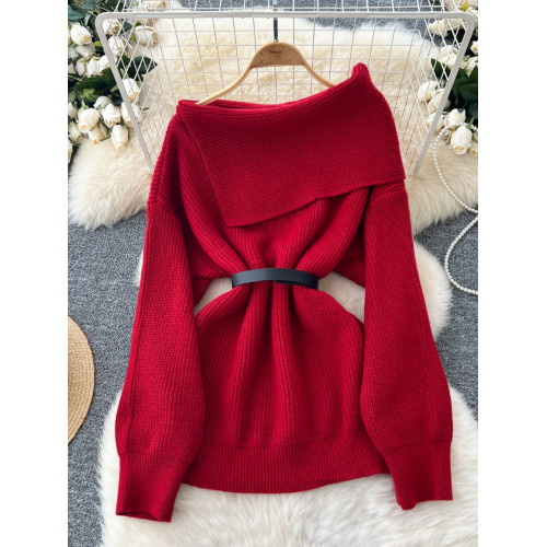 女神範高級感毛衣2024冬腰帶收腰百搭一字肩翻領顯瘦別致針織上衣