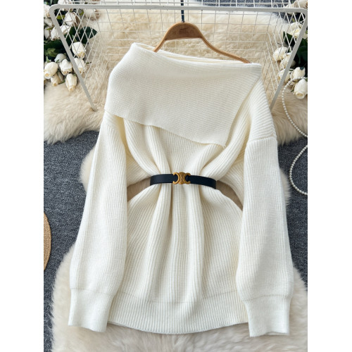 女神範高級感毛衣2024冬腰帶收腰百搭一字肩翻領顯瘦別致針織上衣