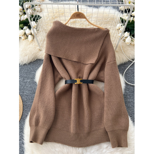 女神範高級感毛衣2024冬腰帶收腰百搭一字肩翻領顯瘦別致針織上衣