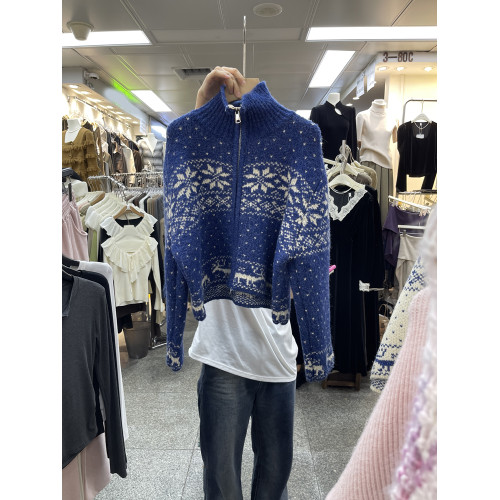 韓國東大門2025年秋冬淨色雪花甜美百搭寬松減齡拉鍊款毛衣開衫女