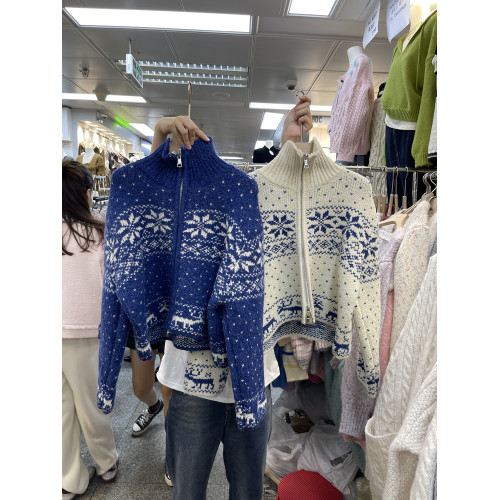 韓國東大門2025年秋冬淨色雪花甜美百搭寬松減齡拉鍊款毛衣開衫女