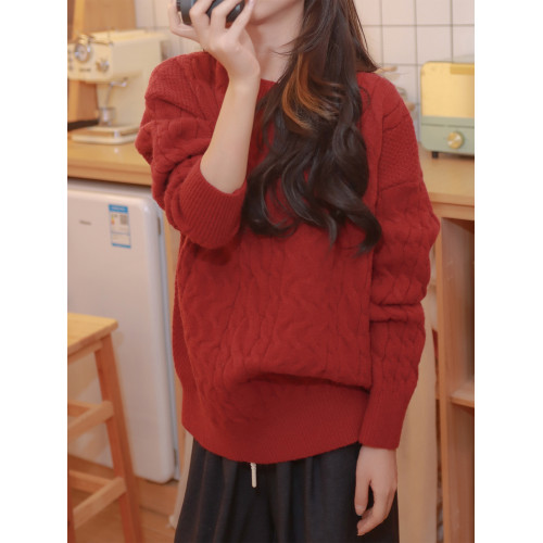 日系麻花毛衣女復古慵懶風紅色新款加厚寬松秋冬季溫柔針織衫上衣