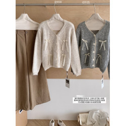 RENA溫柔甜美V領蝴蝶結毛衣外套女秋季百搭寬松軟糯舒適針織開衫