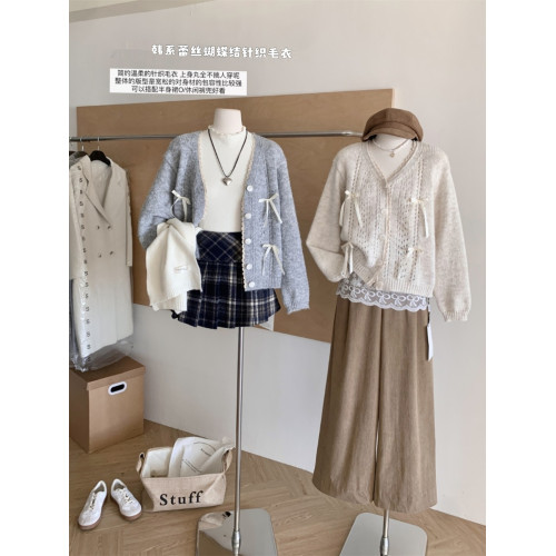 RENA溫柔甜美V領蝴蝶結毛衣外套女秋季百搭寬松軟糯舒適針織開衫