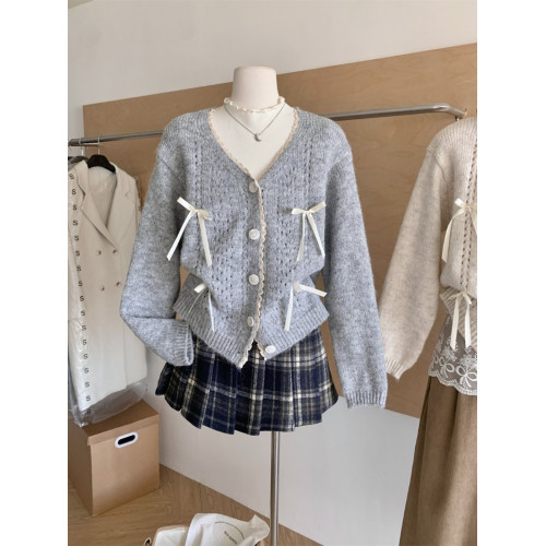 RENA溫柔甜美V領蝴蝶結毛衣外套女秋季百搭寬松軟糯舒適針織開衫