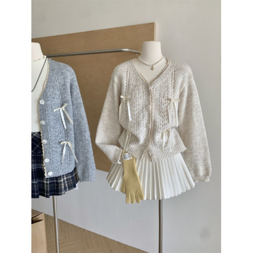 RENA溫柔甜美V領蝴蝶結毛衣外套女秋季百搭寬松軟糯舒適針織開衫