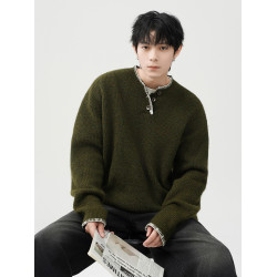 小衆設計感亨利領毛衣男秋冬復古氛圍感寬松針織衫慵懶風情侶外套