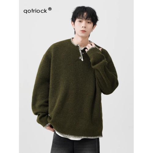 小衆設計感亨利領毛衣男秋冬復古氛圍感寬松針織衫慵懶風情侶外套