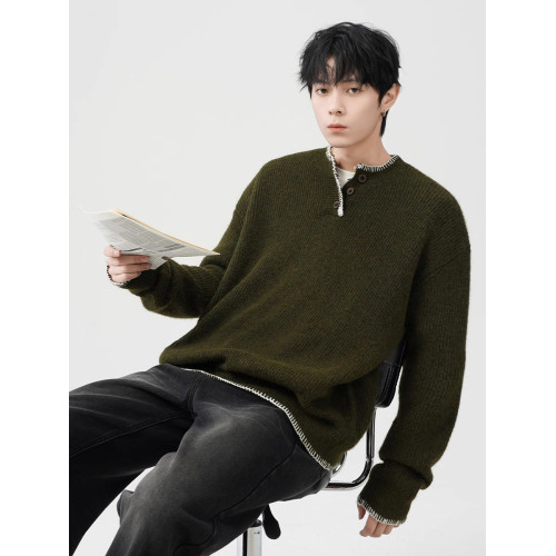 小衆設計感亨利領毛衣男秋冬復古氛圍感寬松針織衫慵懶風情侶外套